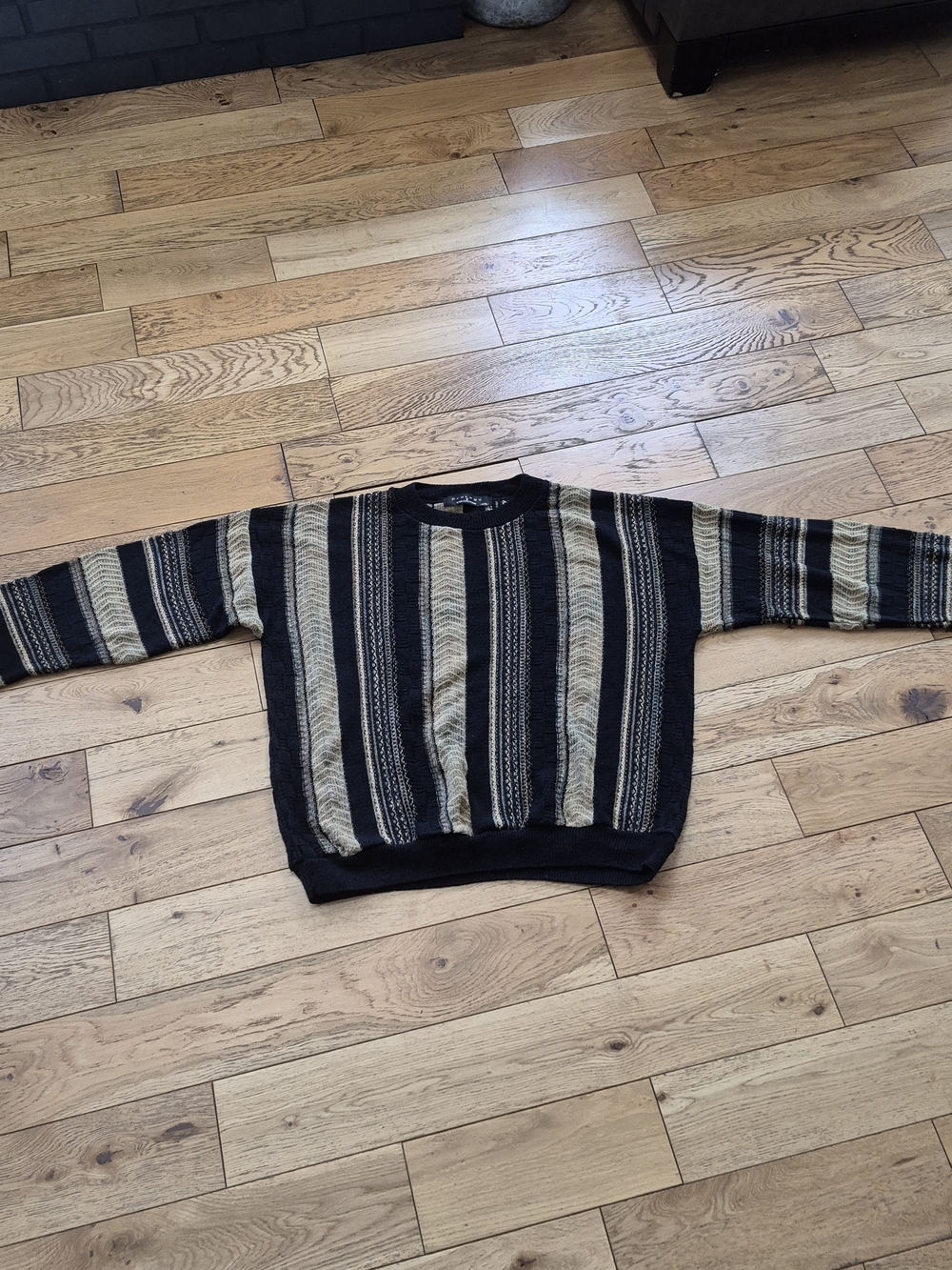 Vtg 90s Protege Collection XXL 3D Textured Knit Sweater Black Tan Coogi Style